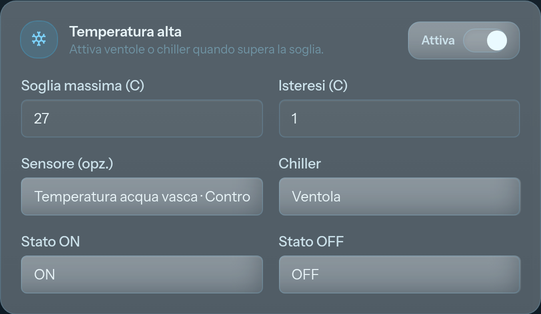 Riquadro Temperatura alta con soglia massima 27, isteresi 1 e chiller impostato sulla presa Ventola