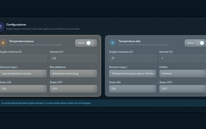 Pagina Automazioni Temperature del portale JoyReef con la regola Temperatura alta configurata