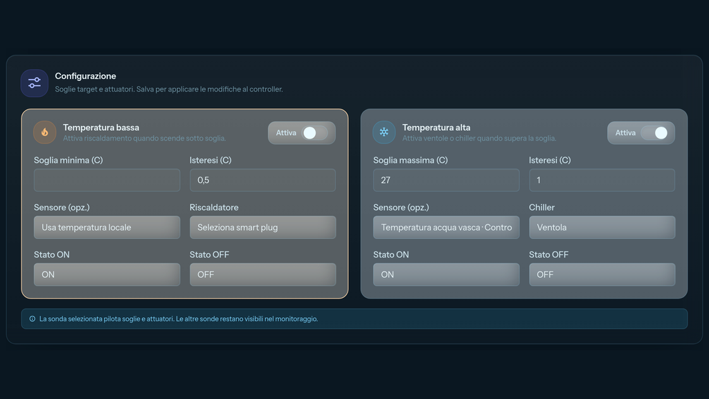 Pagina Automazioni Temperature del portale JoyReef con la regola Temperatura alta configurata